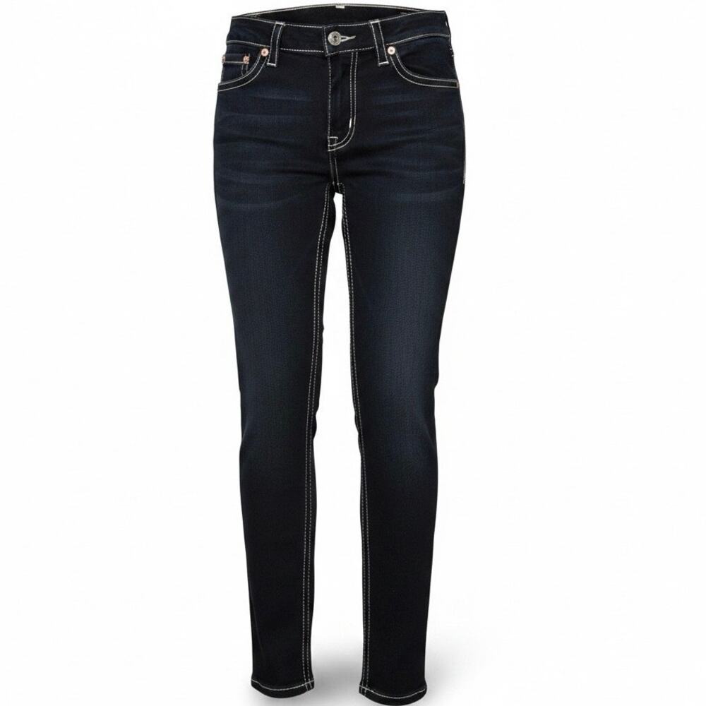 NWT True Religion Jennie Curvy Mid Rise Skinny Jean Contrast Stitch Dark Denim